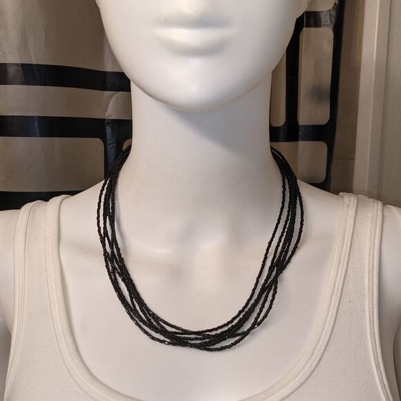 Vintage layered seed bead shiny necklace black 17" - Picture 6 of 8